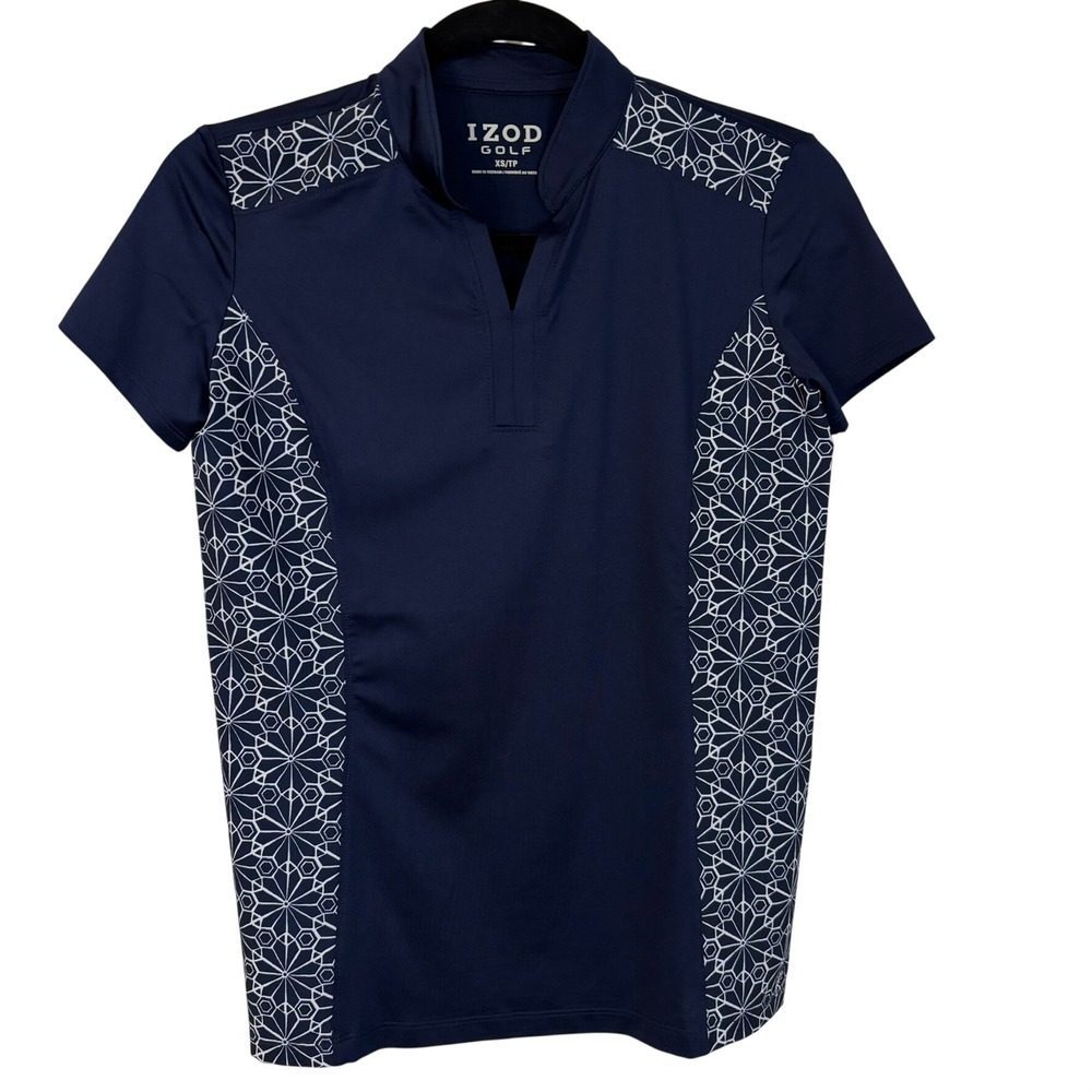 IZOD Golf Womens XS Navy Blue Club Car Print Short Sleeve Performance Polo Top